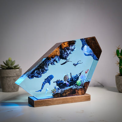 Ocean resin lamps .Sunken boats, shark whale and turtles