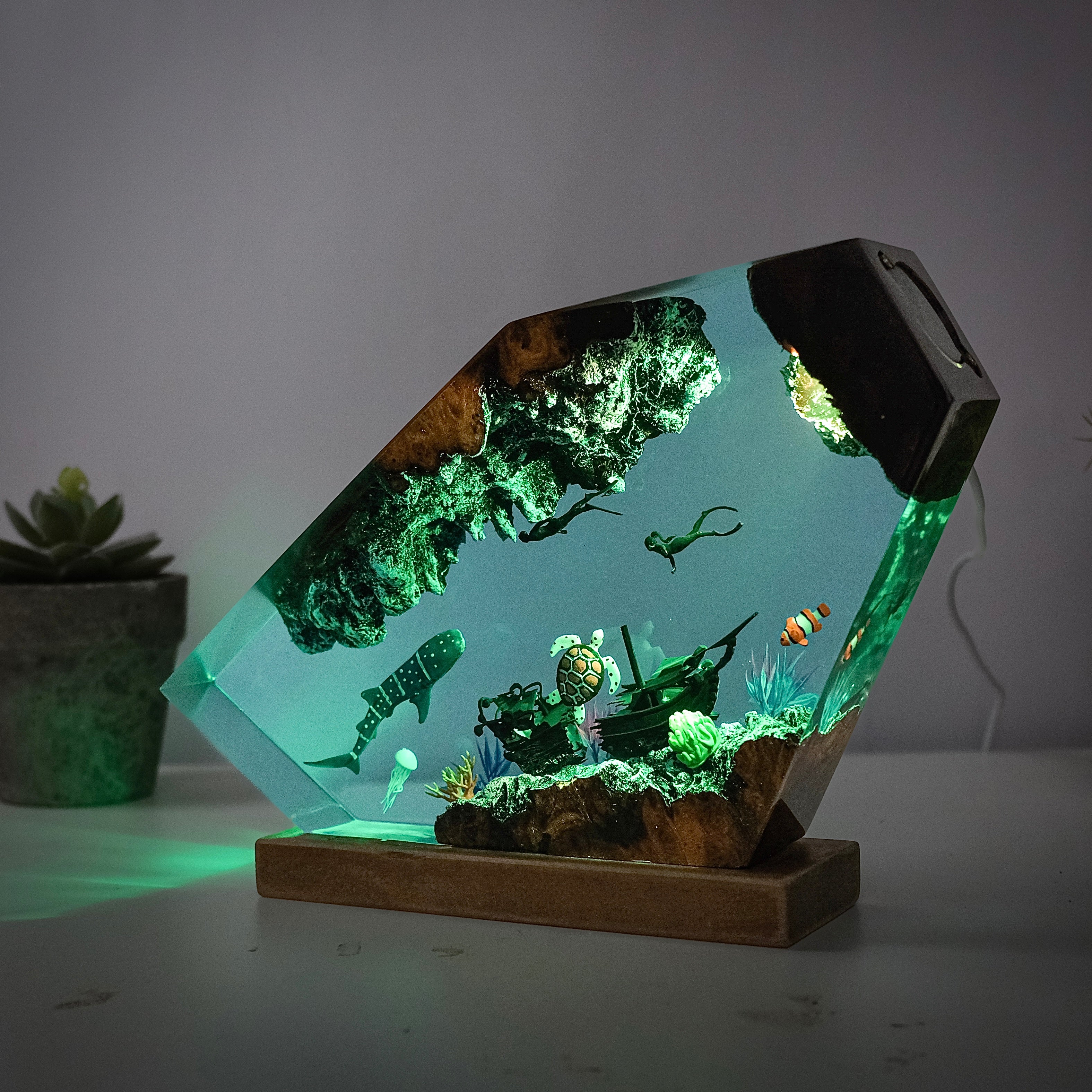 Ocean resin lamps .Sunken boats, shark whale and turtles