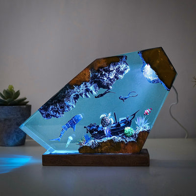 Ocean resin lamps .Sunken boats, shark whale and turtles