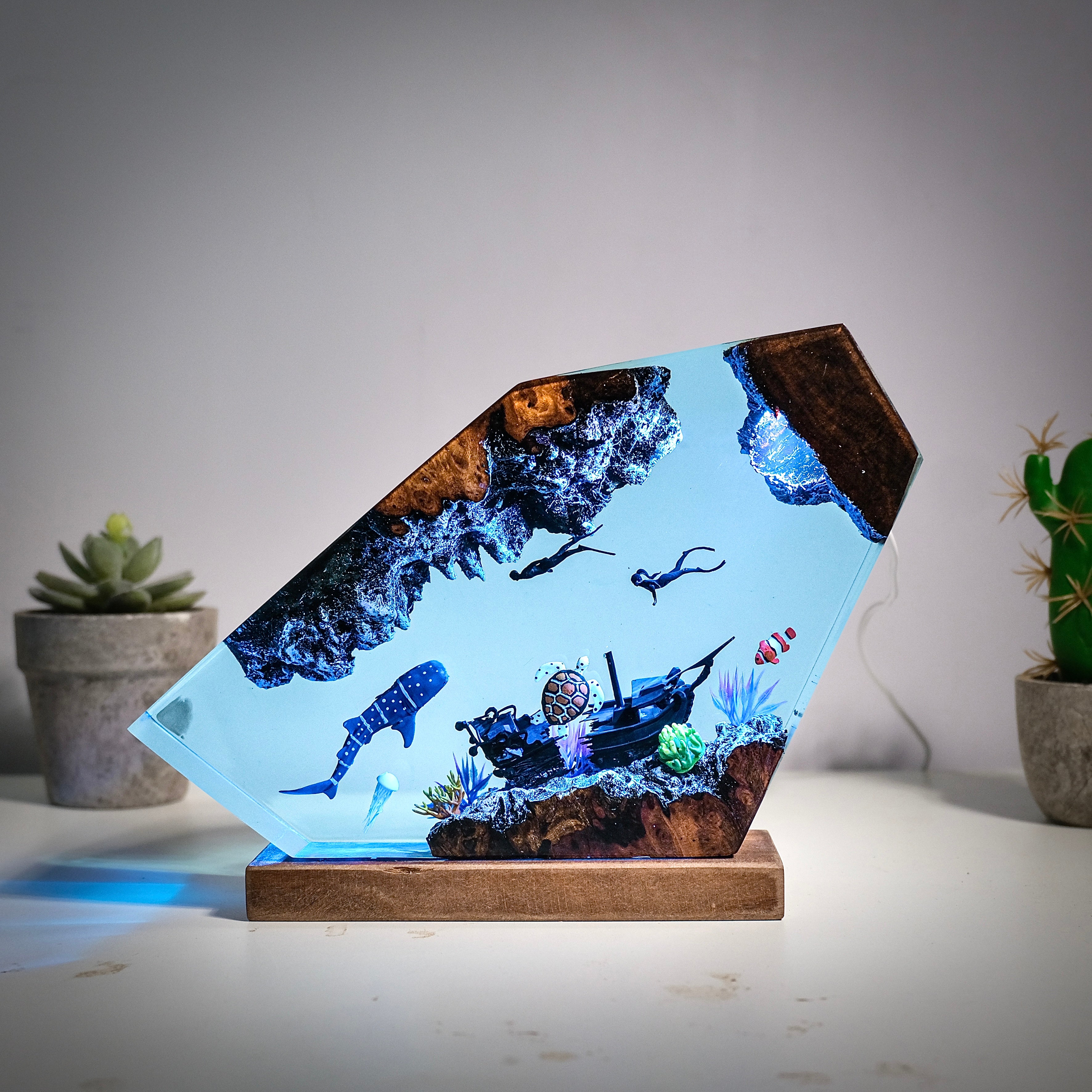 Ocean resin lamps .Sunken boats, shark whale and turtles