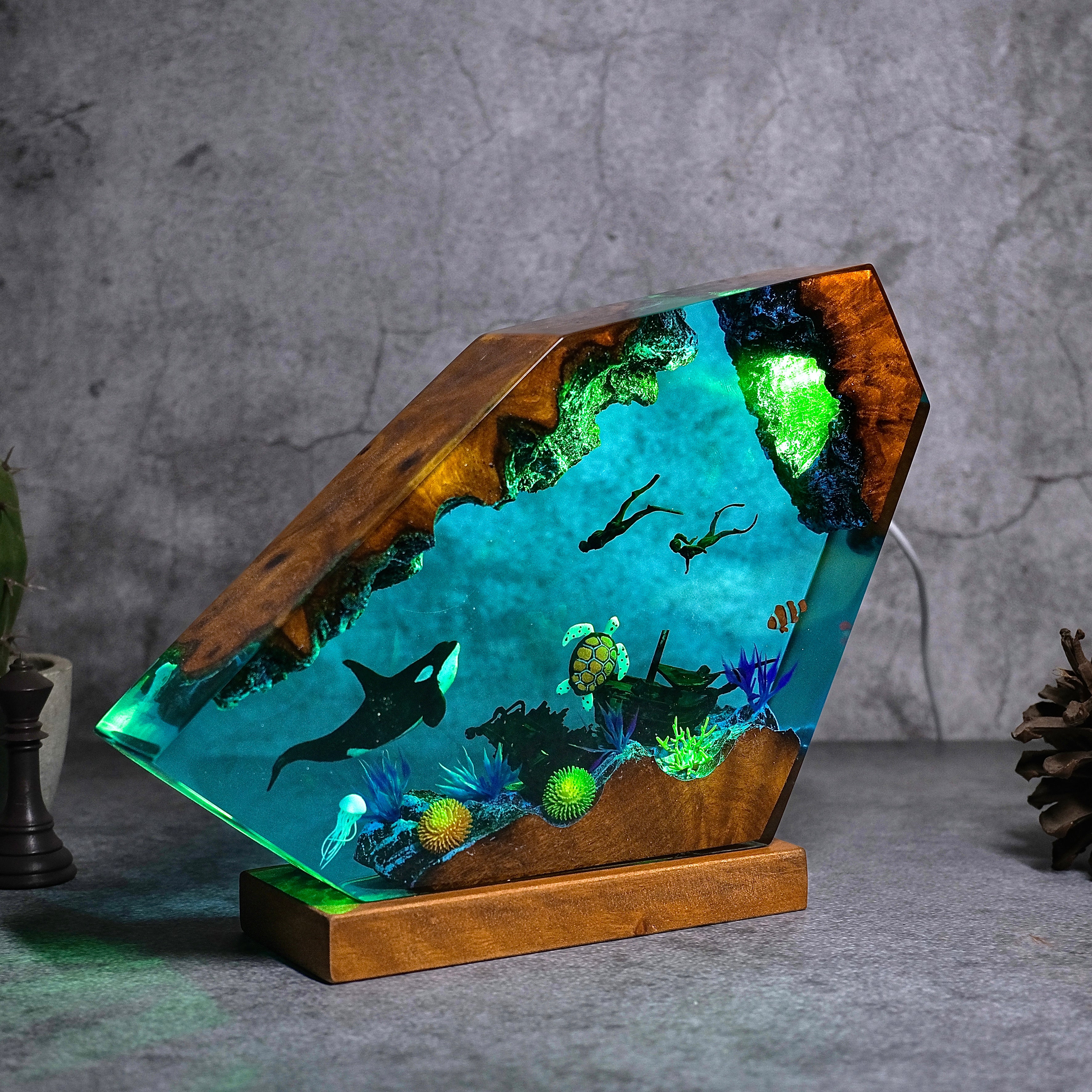 Ocean resin lamps .Sunken boat, pair of divers, orca and turtle