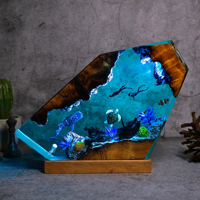 Ocean resin lamps . Sunken boat, Whale shark, turtle and 2 divers