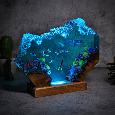 Ocean Fragments, Whale sharks, turtles and divers resin lamp