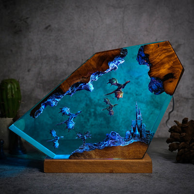 Red and Blue dragons fly at night Resin lamp