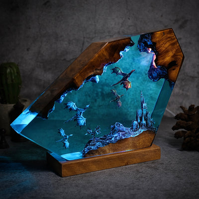 Red and Blue dragons fly at night Resin lamp