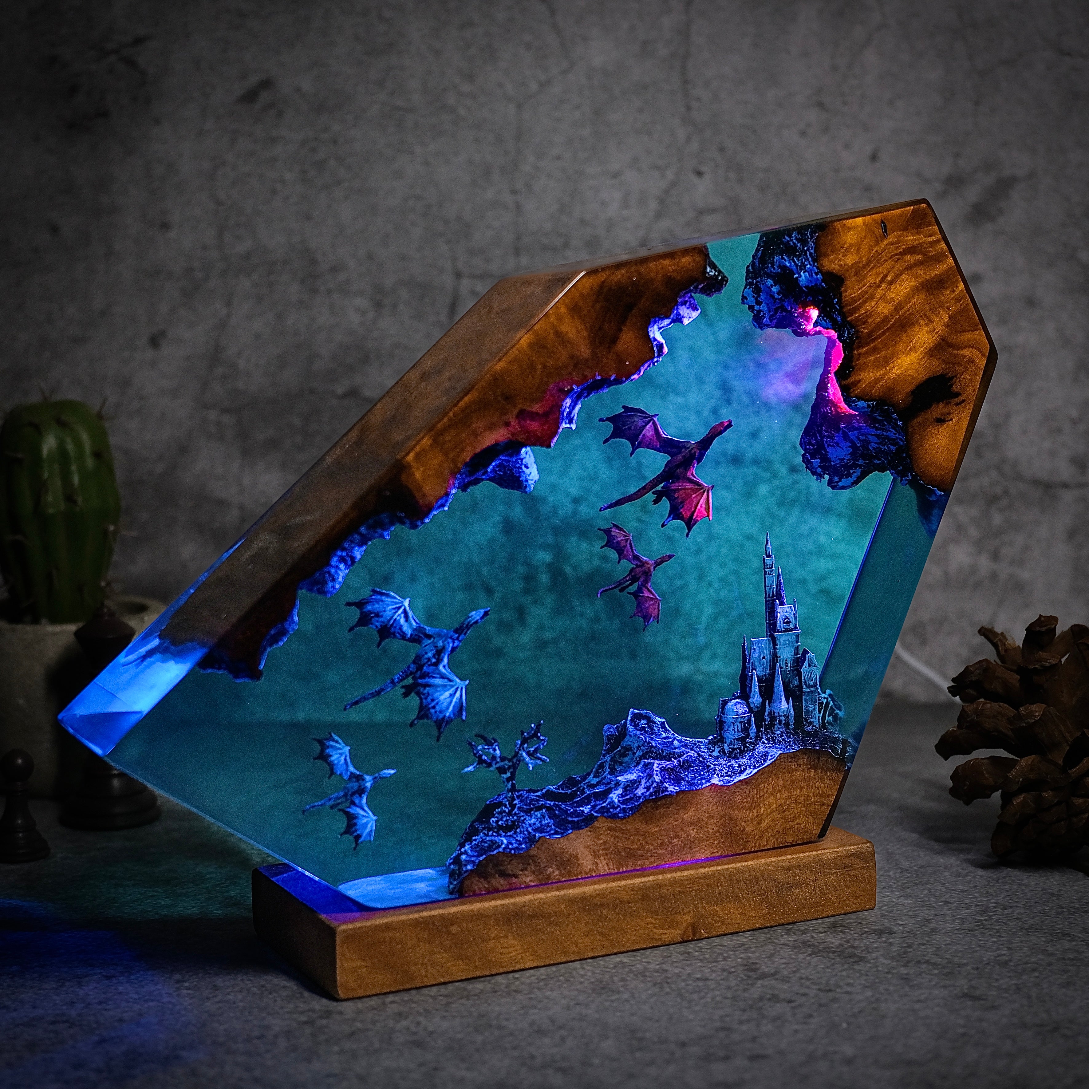 Red and Blue dragons fly at night Resin lamp