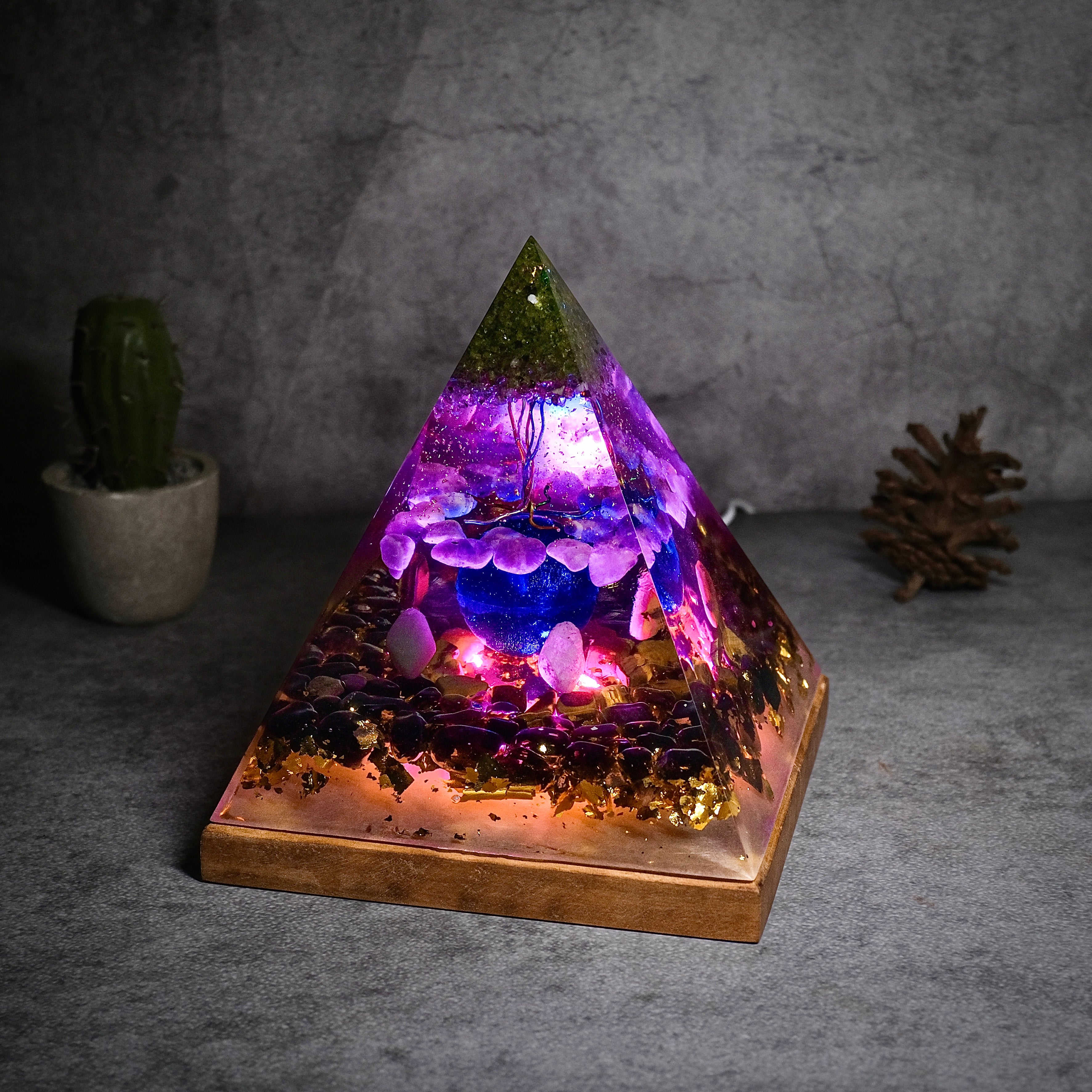 Unique color changing resin Pyramid lamp